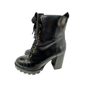 Uterque Lace Up Combat Boots‎ Womens 37 Black Block Heel Lug Sole Zip